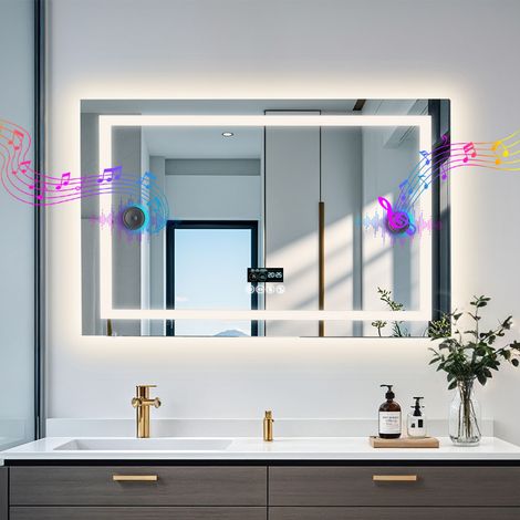 LUVODI Smart LED Bathroom Mirror Makeup Mirror with Bluetooth Speaker and Digital Display, 800mm x 600mm