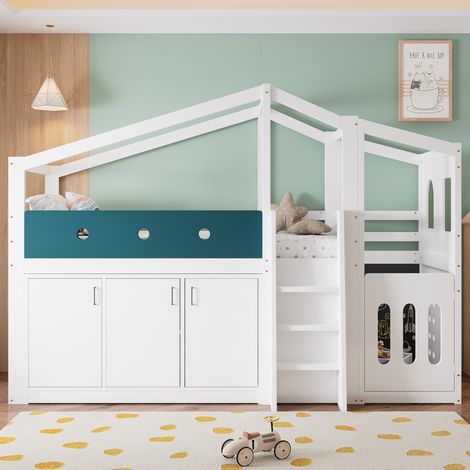 Lit cabane enfant mi-hauteur 90x200 avec espace jeu et rangement - pin massif et mdf - échelle - sécurité en747 - charge 120kg - blanc (1/5)