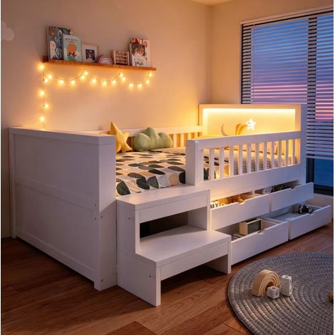 Kinderbett 90x200 cm weiß aus Holz mit Sicherheitsgittern, LED-Beleuchtung, Schubladen und Stufen (1/5)