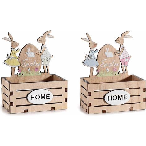 Cestini pasquali in legno a staccionata con coniglietti e scritta Home, set da 8 pezzi, cm 10 x 6,5 x 13 H