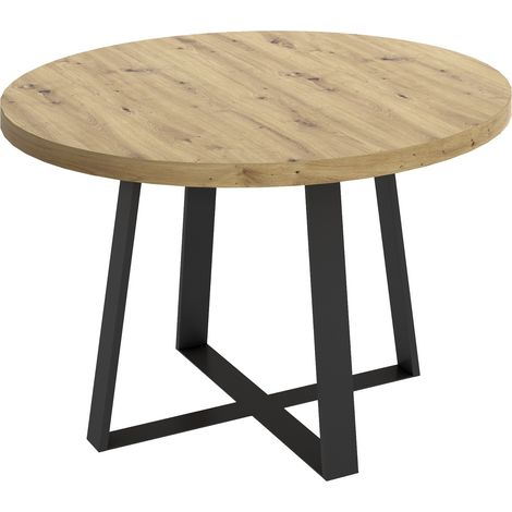 Table à manger ronde en bois coloris chêne nordique avec pieds en métal graphite - Diamètre 120 x Hauteur 76.8 cm -PEGANE- (1/4)