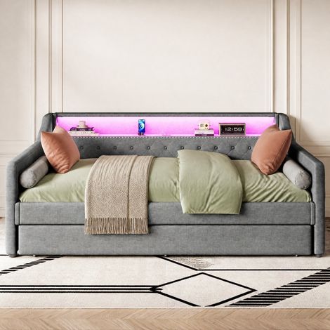 Sofá cama 90x200 cm con cama nido extraíble, LED ajustable con app y USB, en lino gris con estructura de MDF, ideal para dormitorio juvenil  CHICFURN (1/5)