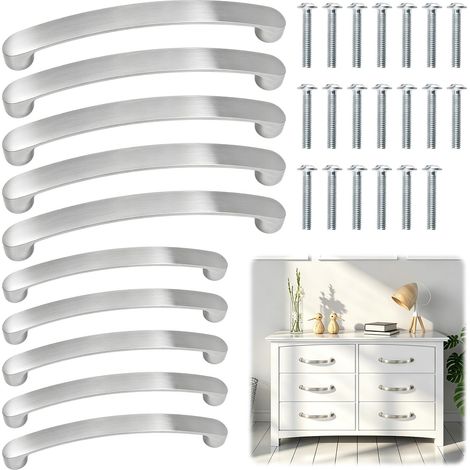 Lot de 10 poignées de meuble argentées - 96 mm/128 mm - Espacement des trous avec 20 vis - Pour tiroirs, portes d'armoires, armoires de cuisine (1/5)