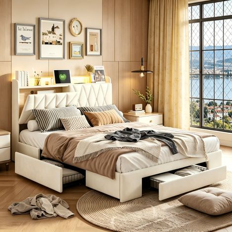 Lit 160x200 coffre, lit double, lit adulte avec 3 tiroirs, lit avec tête de rangement, avec LED et USB, Beige, Matelas non compris (1/5)