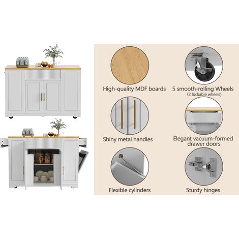 Îlot de cuisine avec des roulettes de 120x50x92 cm – Comprend un compartiment pour les déchets, 2 portes et 3 tiroirs. Pas de poubelle inclus. Idéal en tant qu’îlot de cuisine portable (1/5)