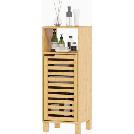Meuble de salle de bain, étagère ouverte, armoire, bois de bambou, porte à lattes, marron clair (1/5)