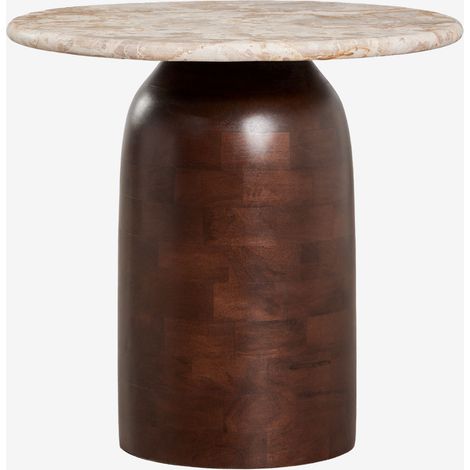 SKLUM Runder Beistelltisch Ø40 cm Alliser Braun Dunkles Holz           Beiger Panther-Marmor                       