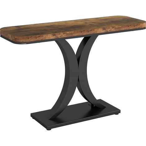 Table console industrielle en bois marron avec piètement métal noir mat, 100 x 29,5 cm (1/5)