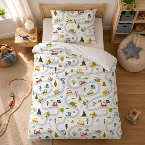 Parure de lit pour enfant - 135 x 200 cm - En microfibre douce - Motif voitures - Avec fermeture éclair - Housse de couette et 1 taie d'oreiller de 80 x 80 cm - Pour garçon (1/5)