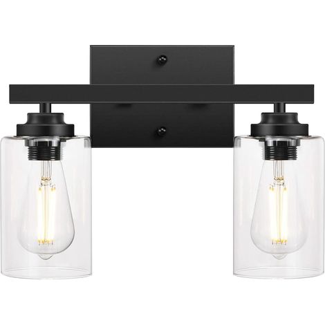 MINKUROW Lámparas De Baño De 2 Focos, Apliques De Pared Iluminación De Pared Con Pantalla De Cristal Transparente Lámpara De Pared Para Espejos, Salones, Dormitorios, Pasillos (Base E26) Negro (1/5)