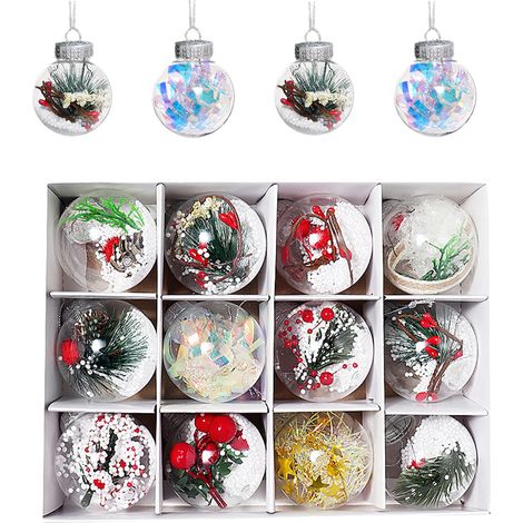 1 boîte de 12 boules transparentes en PET de 6 cm, boules de Noël, décorations à suspendre au sapin de Noël (1/5)