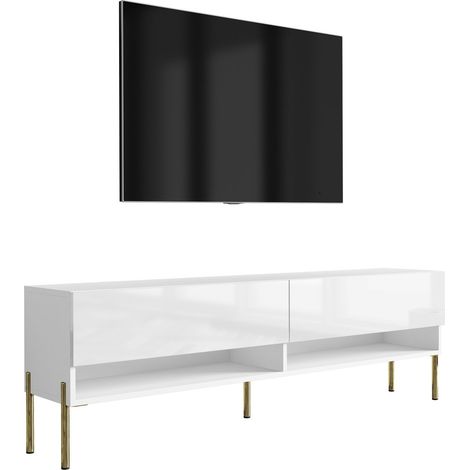 Meuble TV : Blanc Mat / Blanc Brillant, pieds droits dorés, 170 × 32 × 52 cm (1/5)
