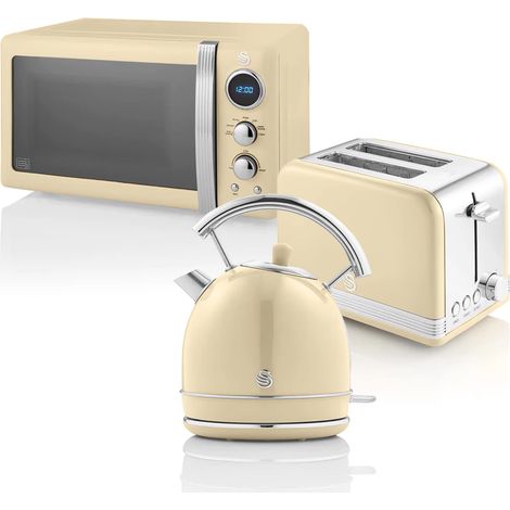 Ensemble Petit-Déjeuner, Bouilloire 1,8 L, Grille-Pain 2 Tranches à Fente Large, Micro-Ondes Numérique 20L, 6 Niveaux de Puissance, Minuteur, Porte Miroir, Design Vintage, Crème (1/5)