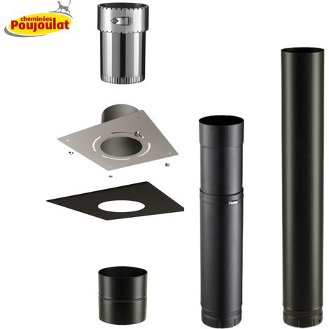 Poujoulat – Kit complet de fumisterie conduit émaillé 130 mm – Plaque finition carrée 30 x 30 – Élément droit 100 cm – Élément réglable 51 à 86 cm