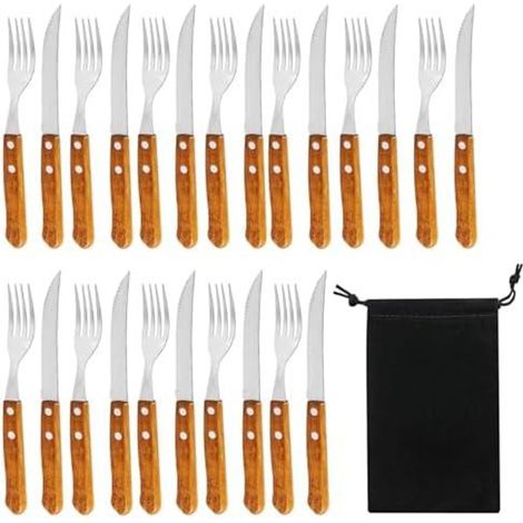 24 teilig Steakbesteck, Besteck Set für 12 Personen, Steakmesser set, Messer und Gabel Set, Steakmesser und Steakgabeln, Stahl Holz Steakbesteck, Besteck für Steak (Retro-Braun) (1/5)
