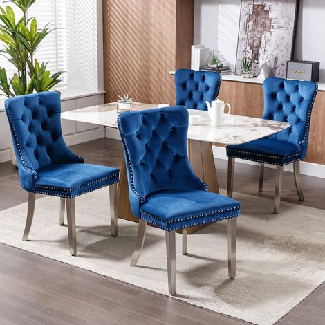 Chaise à manger rembourrée en 2 pièces avec jambes en acier inoxydable chromé, garniture à tête d'ongle, tapisserie en velours, bleu et chromé (1/5)