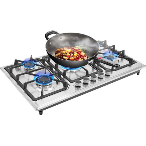 HAUTOUR Plaque de Cuisson Gaz 5 Feux, Table de Cuisson Encastrable Inox, Cuisinière à gaz, Allumage Électronique, Double Alimentation Gaz Naturel GPL, Brûleur Wok, Grilles Fonte, 86 x 51 x 10 cm, Arge (1/5)