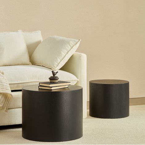 Set da 2 tavolini bassi rotondi impilabili Ø48x38 e Ø38x32 cm in MDF nero, senza montaggio (1/5)