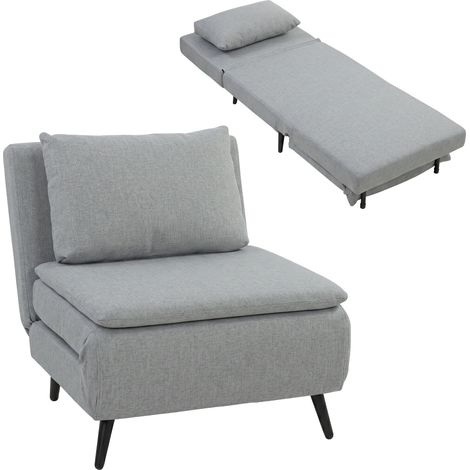 Sofá cama 3 en 1 con respaldo y cojín ajustables, en tejido efecto lino gris claro. (1/5)