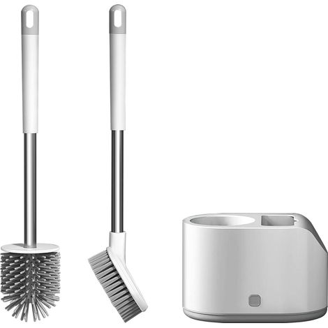Lot de 2 brosses WC et récipient en silicone pour salle de bain avec support à séchage rapide Blanc (1/5)