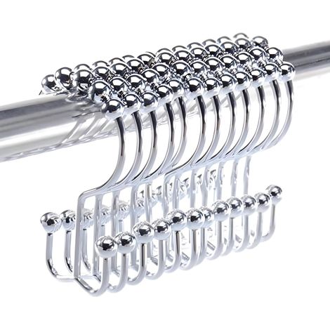12 crochets de rideau de douche double couche. Anneaux de rideau de douche en acier inoxydable de haute qualité. Roulements à billes coulissants sur la tringle à rideau de douche rétractable. (1/5)