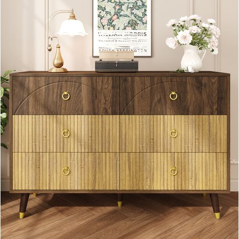 Cómoda de MDF y aglomerado color natural 120 x 40 x 81 cm, 6 cajones, acabado madera bicolor (1/5)