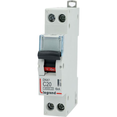 Disjoncteur Phase+Neutre DNX³4500 6kA arrivée et sortie borne à vis - 1P+N 230V 20A courbe C - 1 module - 406775 - LEGRAND
