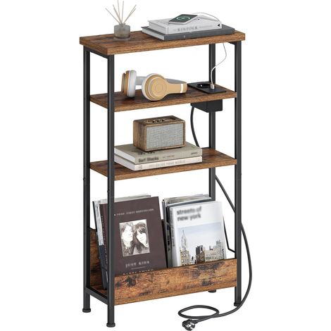 Table d'Appoint Fine, Bout de Canape à 4 Niveaux avec Porte-revues et Prise de Recharge, Table d'Appoint Adaptée aux Salons, Chambres et Bureaux, Marron Rustique (1/5)