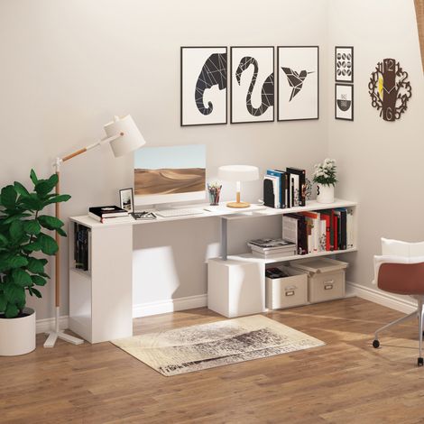 Escritorio esquinero giratorio moderno con librería, mesa de comedor de aglomerado blanco, 140x120x78 cm (1/5)