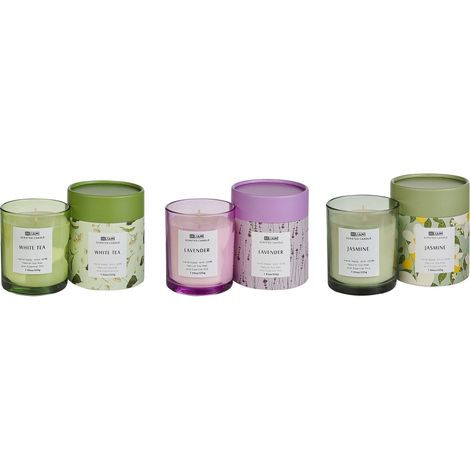 Set di 3 candele profumate 100% cera di soia stoppino di cotone vetro fragranza floreale erbe orientali te-lavanda-gelsomino COLORFUL BARREL (1/5)