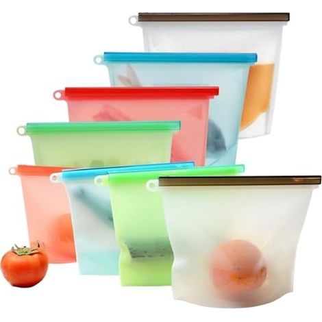 8 Pièces Sac Congelation Zip pour Aliments, Alimentaires en Silicone Sacs à Lunch Étanches, Sac Congelation Reutilisable et Stand Up pour Légumes, Lait, Collations, Viandes, Sandwich (1/5)