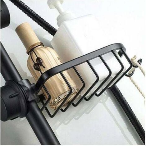 Étagère douche sans perçage, 2 pièces, inox, télescopique, porte savon, noire (1/4)