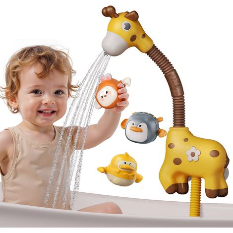 Jeu de bain pour bébé pommeau girafe flexible sans pile + 3 jouets nageurs ABS écologique aspiration murale jeu lavage baignoire (1/4)