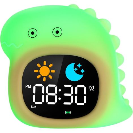 Children's Alarm Clock, Educational Children's Alarm Clock, Sleep Training Alarm Clock, with Moon and Sun Display, with RGB Color Night Light, for 2-10 Year Old Girls and Boys - Dinosaur