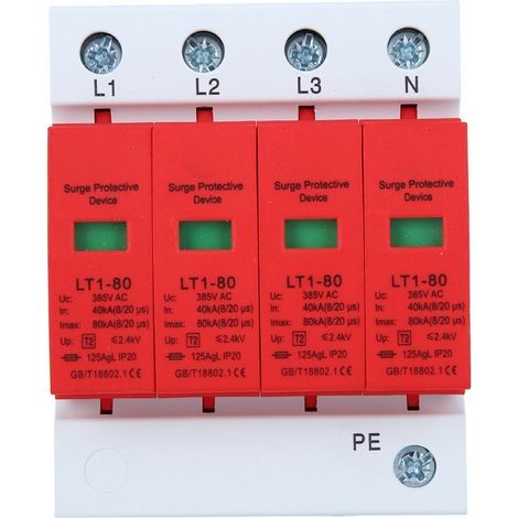 Parafoudre 4P LT1‑80, module de protection 80 kA, dispositif de protection contre les surtensions, parafoudre rouge. (1/5)
