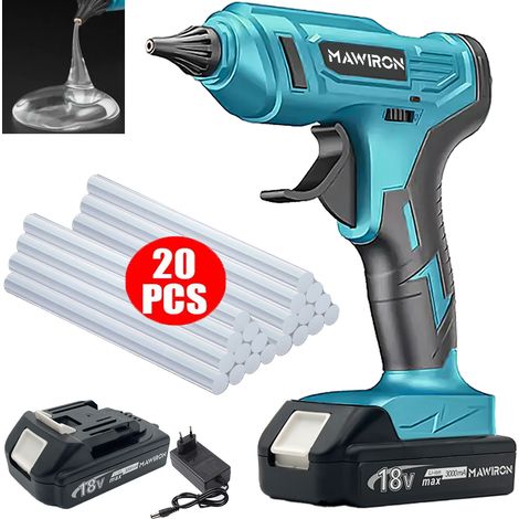 Pistola per colla a caldo senza fili da 100 W per casa e giardino, mini pistola per colla + 20 stick di colla da 11 mm + 2 batterie da 3,0 A + caricabatterie, compatibile con batteria Makita