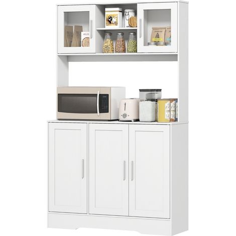 Buffet de cuisine scandinave 4 portes avec étagères réglables, vitres et niche ouverte, blanc (1/4)