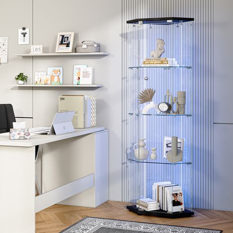 Vitrine en verre 162 cm, vitrine de collection - avec bande lumineuse LED et espace de rangement à 3 niveaux - vitrine autoportante, Noir