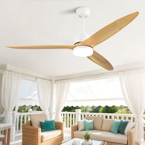 Ventilateur de plafond moderne bois naturel 152 cm – 3 couleurs dimmables, pales en bois massif, cordon de tirage, moteur DC réversible avec mémoire ， 152 x 152 x 39 cm