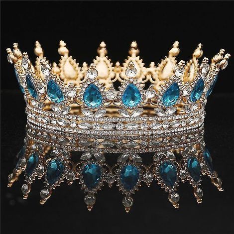 Diadème et couronne royaux vintage en cristal, style royal, pour concours de beauté, bal de promo et mariage, accessoires de coiffure, or et bleu clair. (1/5)