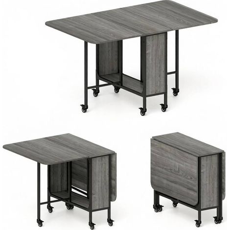 Table à manger pliante à roulettes avec plateau extensible, étagère de rangement et coins arrondis, gris, idéale pour 6 personnes pour cuisine et petit espace  CHICFURN (1/5)