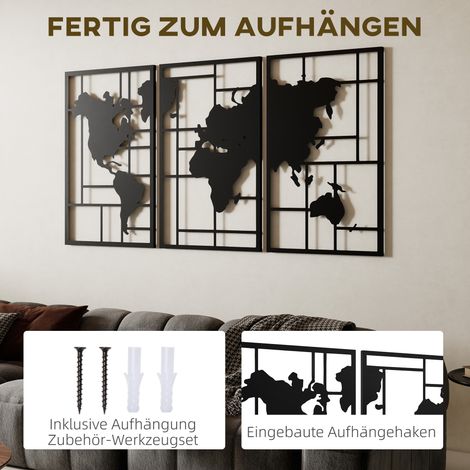 Décoration murale en métal 3 pièces Carte du monde Art mural pour salon chambre couloir, 50 x 80 cm, Noir (1/5)