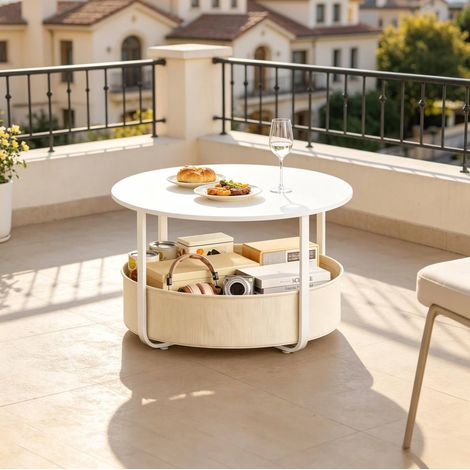 Mesa de centro redonda, Ø 80 x 50 cm, con cesta de lona, diseño moderno, metal y lona beige y blanco (1/5)