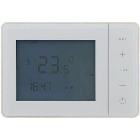 Jusch – Thermostat programmable filaire blanc – Alimentation 2 piles 1,5V – Grand écran LCD rétroéclairé – Programmation hebdomadaire personnalisable