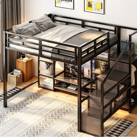 Letto a soppalco moderno 140x200 cm in metallo nero con supporto TV, presa integrata e scala contenitore (1/5)
