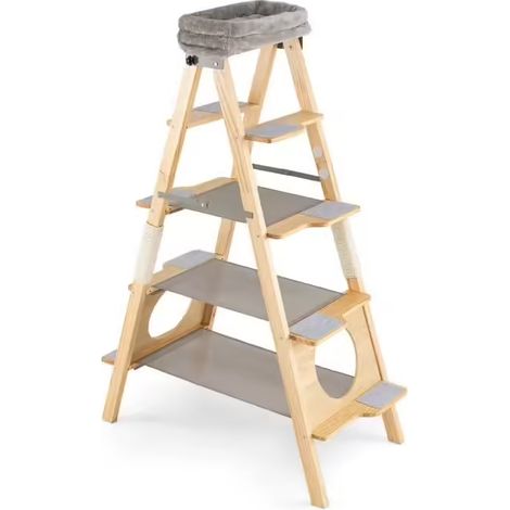 Arbre à chat multi-niveaux en bois de pin – meuble pliable avec échelle 5 niveaux, perchoirs rembourrés et griffoirs en sisal