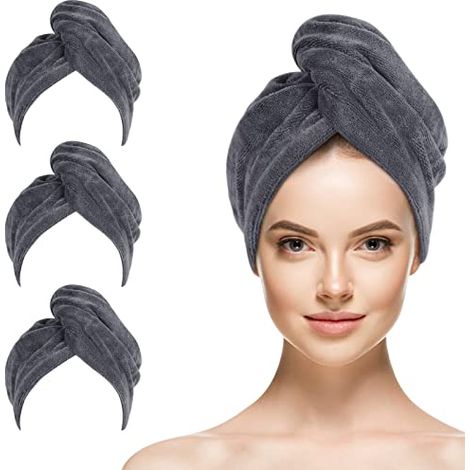 Ensemble de trois bonnets de brushing en microfibre pour cheveux longs - séchage rapide - ultra-absorbants - doux et légers - gris