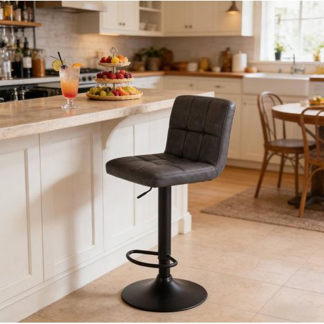 Tabouret de bar pivotant en simili cuir, réglable en hauteur, avec dossier et accoudoirs, anthracite (1/4)