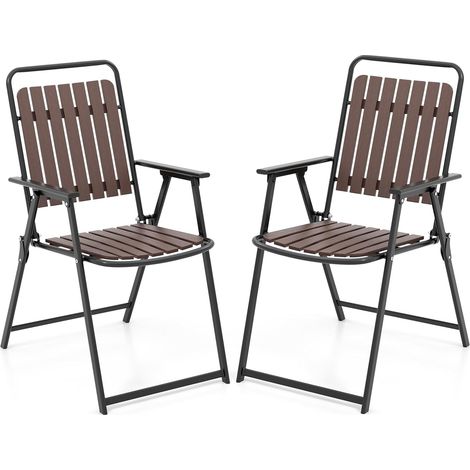GOPLUS Chaises de Jardin 2 PCS avec Cadre en Métal, 65 x 54 x 91,5 CM, Dossier et Assise en Lattes de PP, Chaises Pliantes avec Pieds Antidérapants et Accoudoirs, Adaptées pour Salon, Jardin, Marron (1/5)