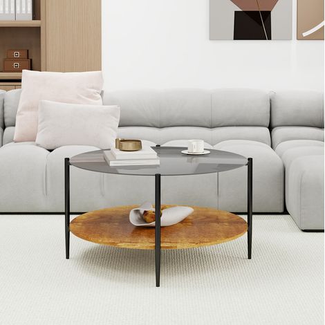 Mesa de centro redonda de vidrio templado negro y madera, 82 x 45 cm, 2 niveles (1/5)